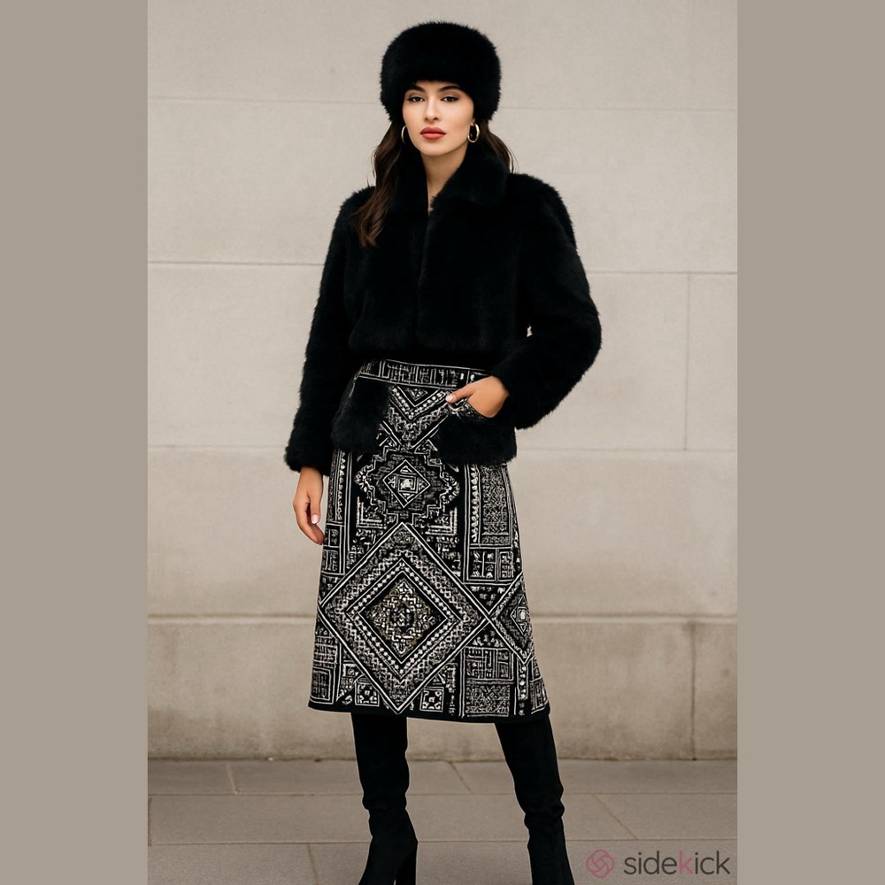 Women's JULIET Black White Geometric Midi Skirt L